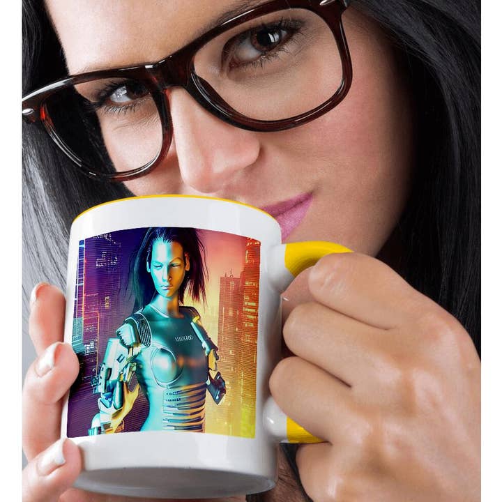 3dRose - Wholesale Coffee Mug - 3dRose, Fantastic brunette woman cyborg in a green suit. Night illumination, Mug1