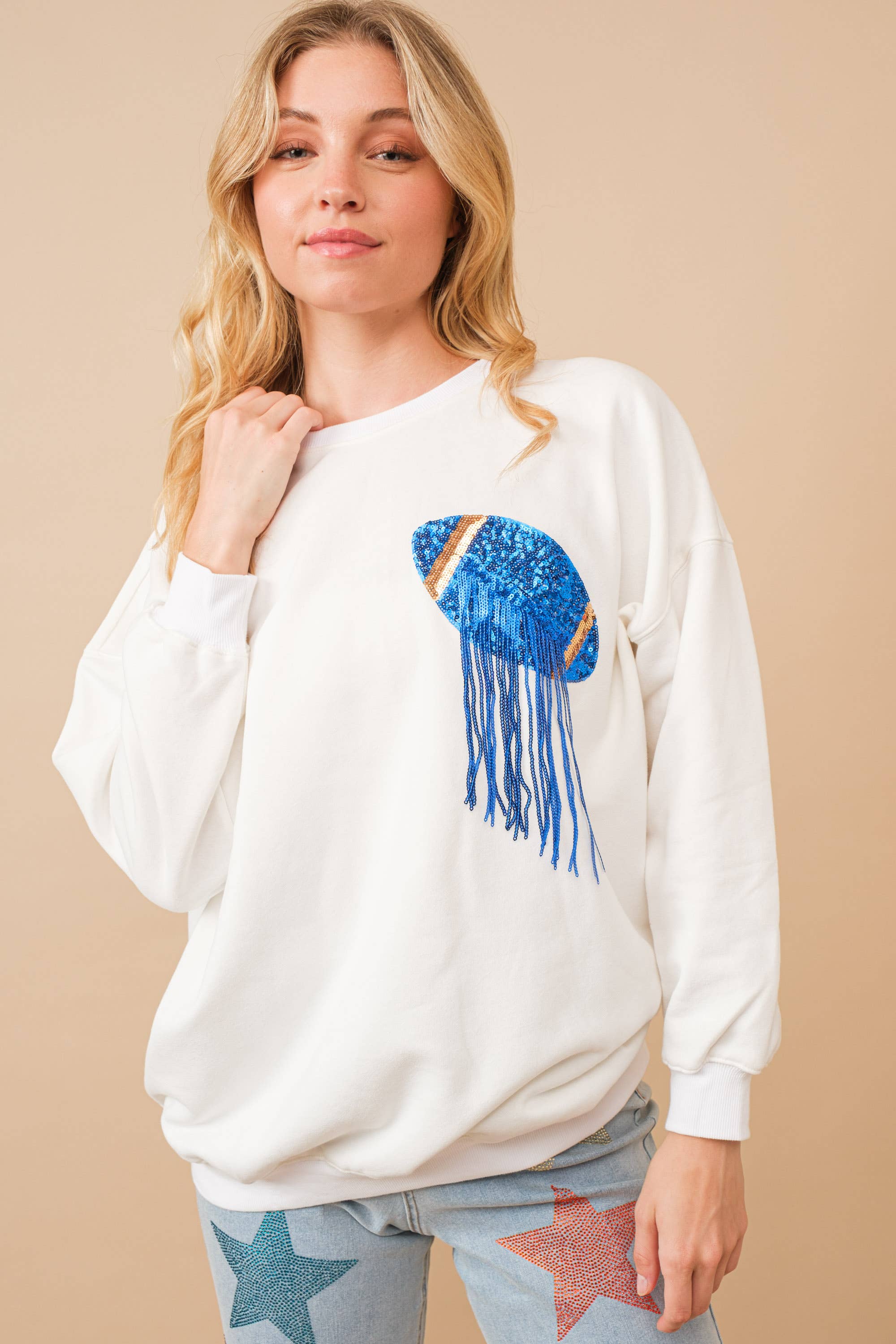 Blue B - Wholesale Sweatshirt - Women's - 34253T - Fleece Terry Football Sequin Fringe Sweatshirt3