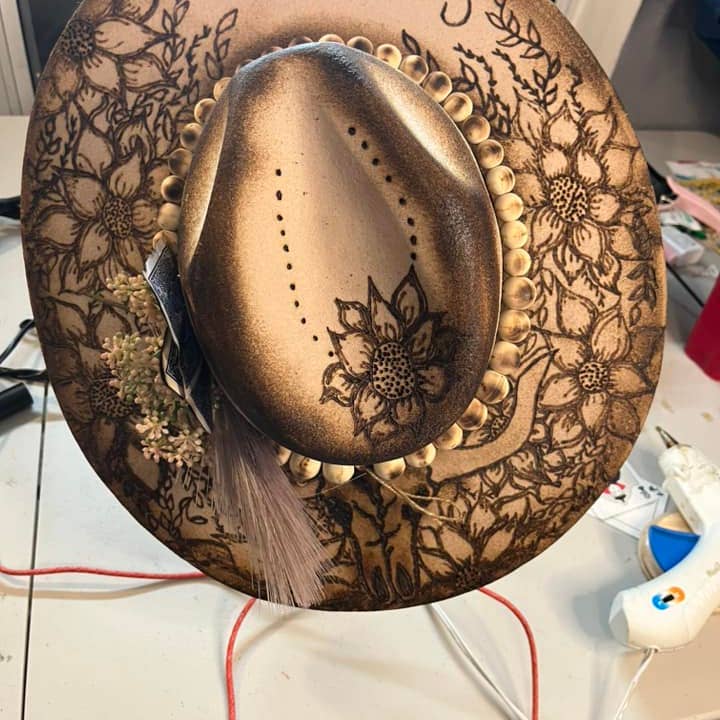 Feathered Gypsy Custom Hats and Boutique - Wholesale Cowboy Hat - Women's - Sweetest of Sunflowers Custom Burned Rancher Hat