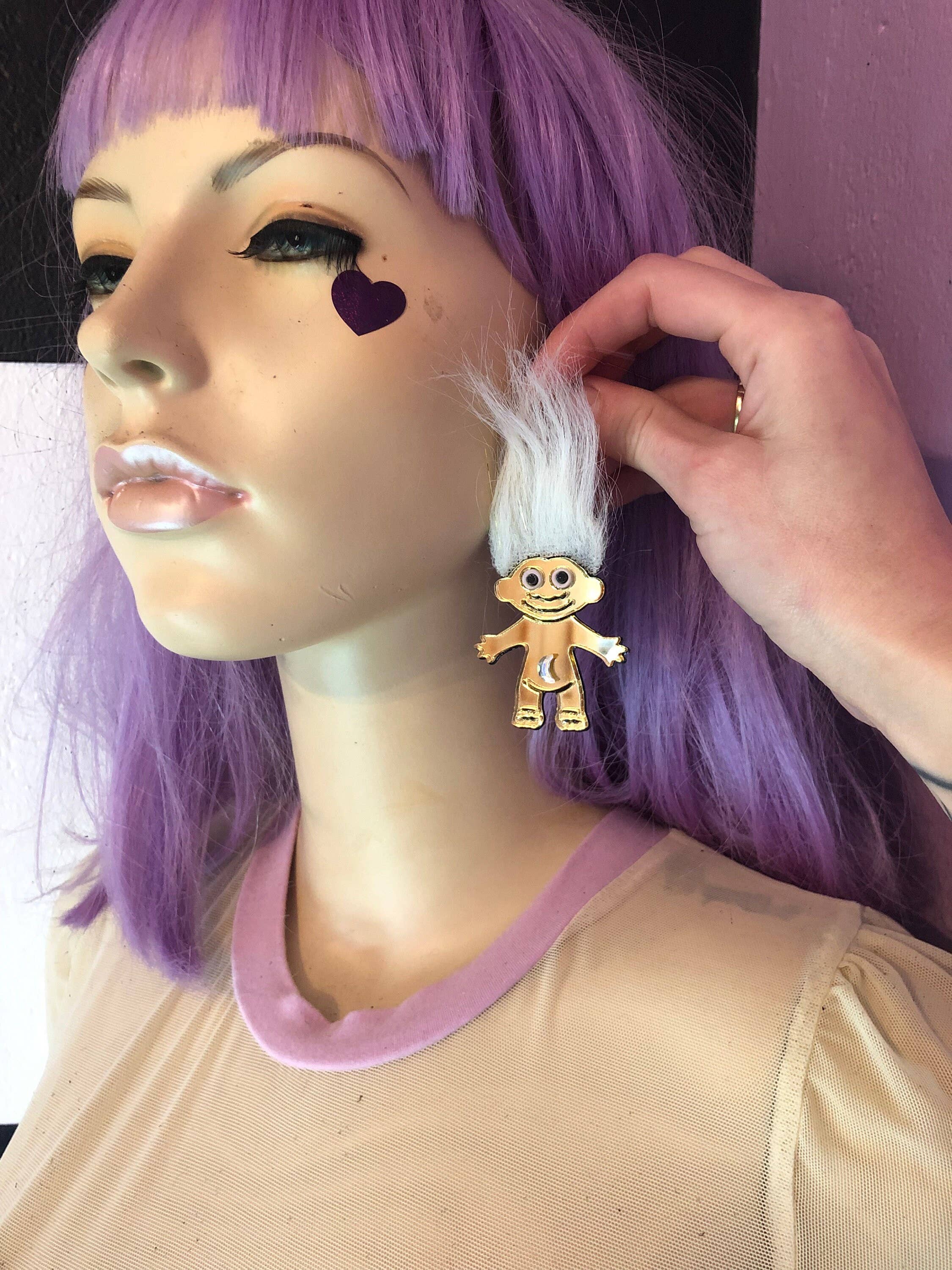 I'm Your Present - Wholesale Dangle Earrings - Furry Treasure Troll, Pink, White Or Blue, Acrylic Laser Cut Earrings, Plastic Jewelry10