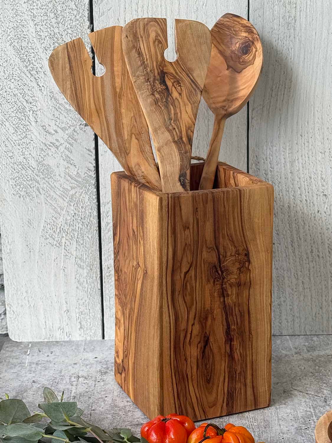 Scents and Feel – wholesale Bestickhållare – Olive Wood rektangulär vas eller redskapshållare0