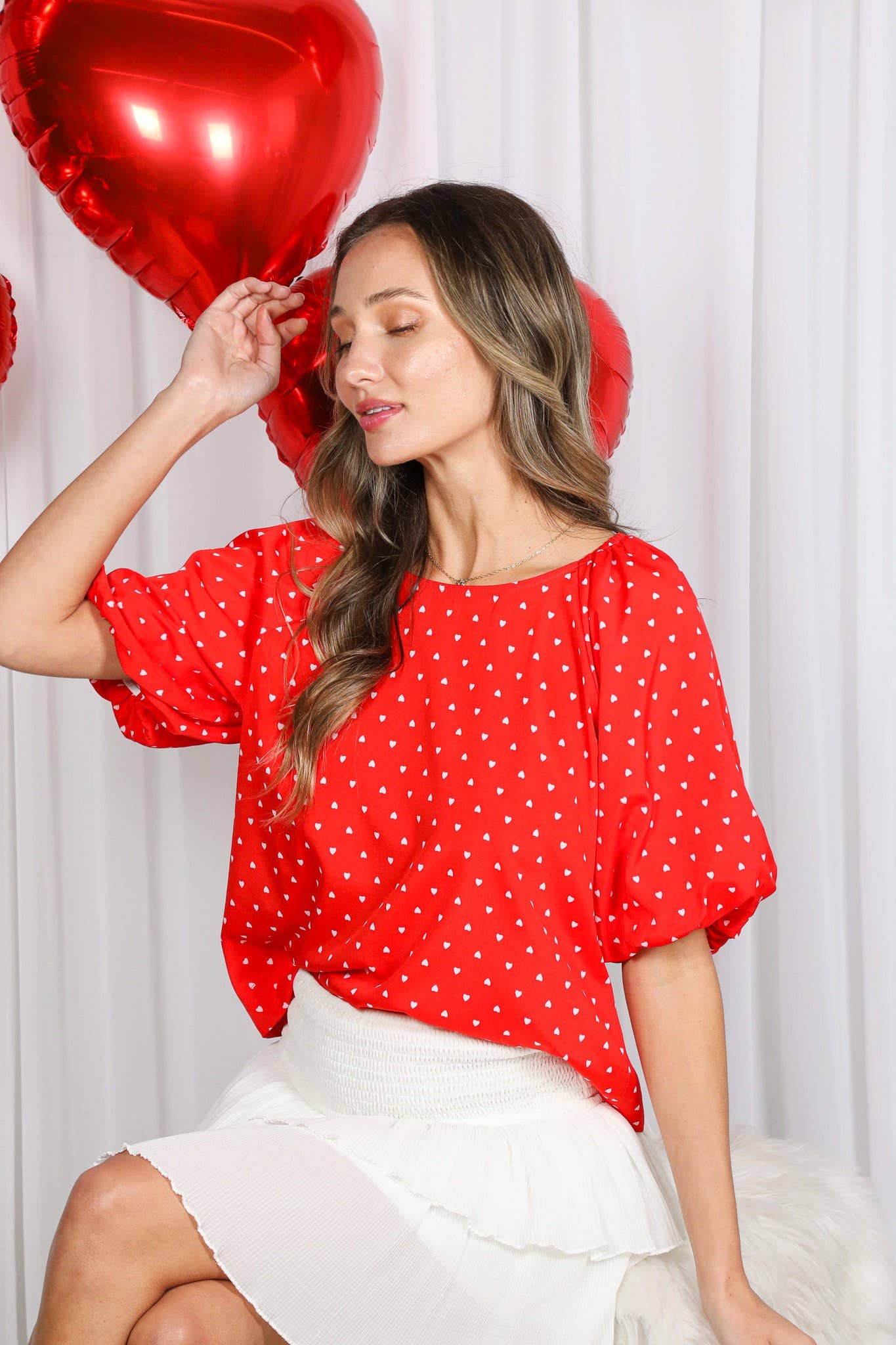 Rood Boothals Pofmouw Hartjesprint Blouse Top VT82337H voor groothandel op Faire9