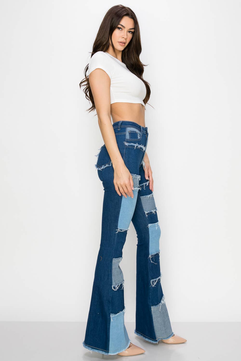 PATCH JAZZ-020 HIGH WAISTED DISTRESSED BELL BOTTOMS WOMEN JEANS for wholesale on Faire2