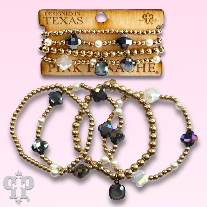 Faceted clover and gold bead bracelet with Austrian crystal for wholesale by Pink Panache Brands