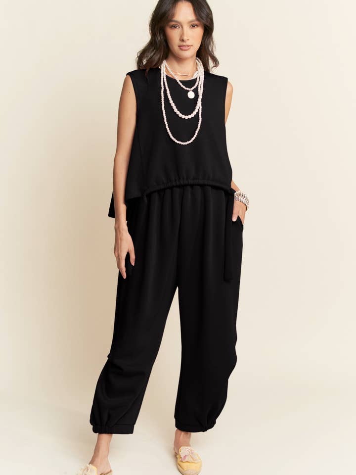 Davi & Dani - Wholesale Pants - Women's - SOLID CREW NECK CINCH TIE TOP WAISTBAND PANTS SET6