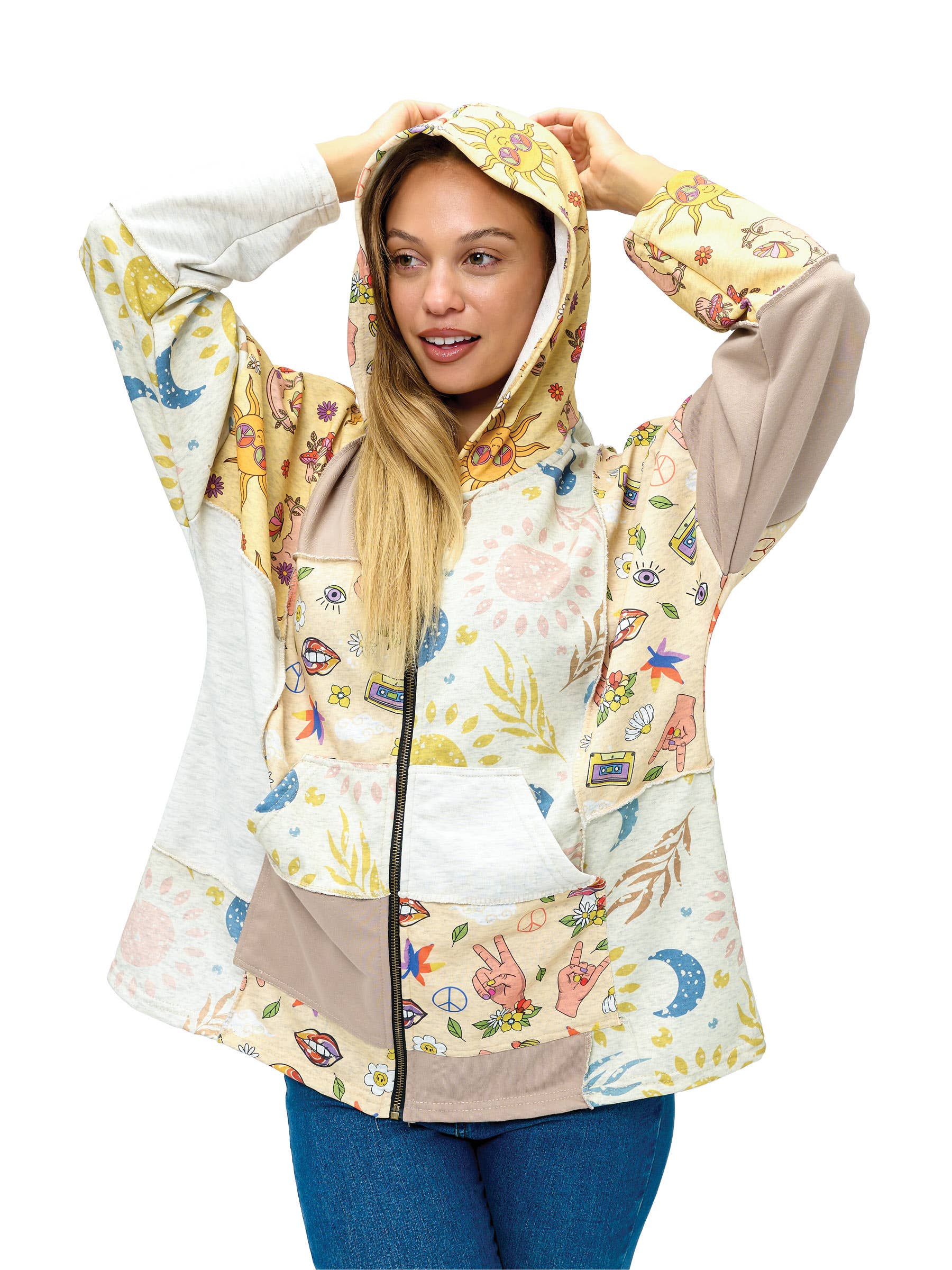 Tan Multi Sweat à Capuche Zippé Imprimé Fantaisiste & Rétro Inspiré en vente sur Faire3