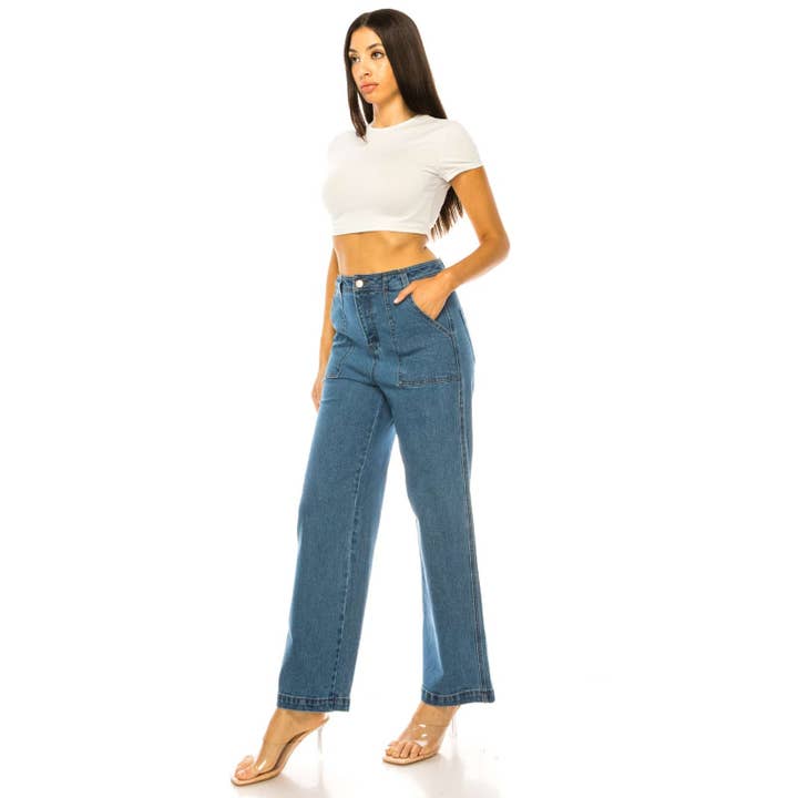FRONT PORK CHOP POCKET MEDIUM WASH DENIM JEAN PANTS for wholesale on Faire