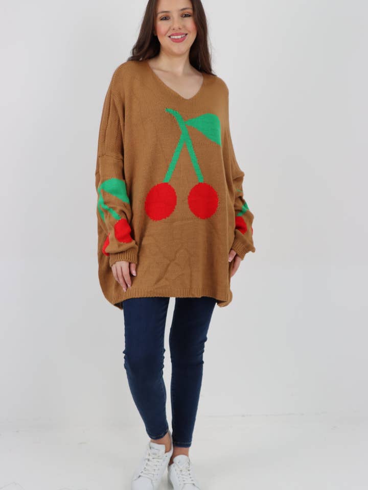 Italian Oversized Knitted Cherry Print Jumper Top for wholesale by Miss Bold