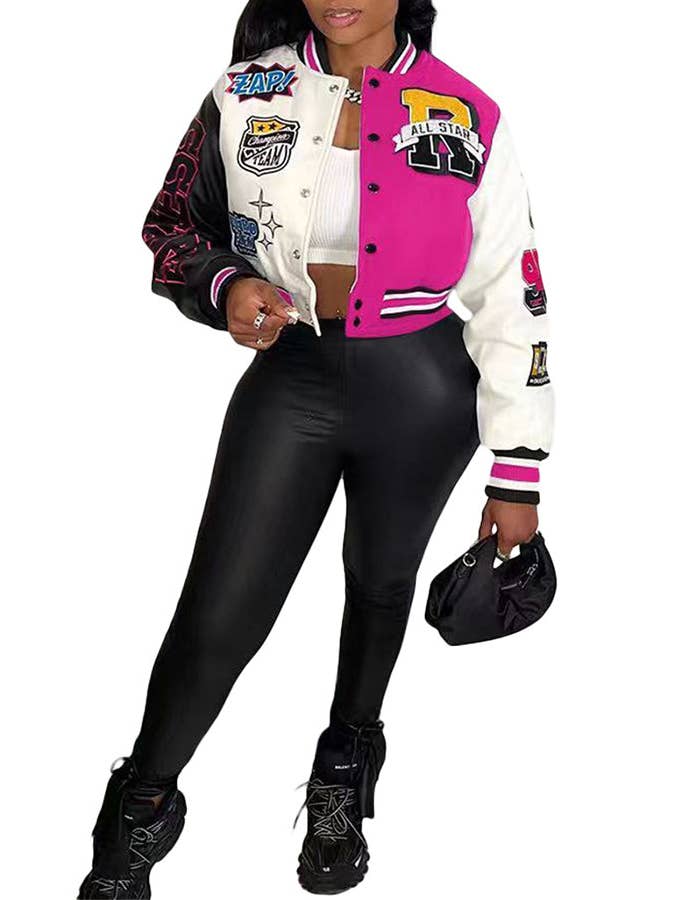MB Fashion Wholesale - Wholesale Varsity/Baseball Jacket - Women's - MB FASHION CROPPED PRINTED BASEBALL JACKET 8123LY