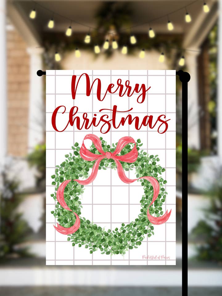 Merry Christmas Wreath Garden Flag for wholesale by Pocketful of Posies