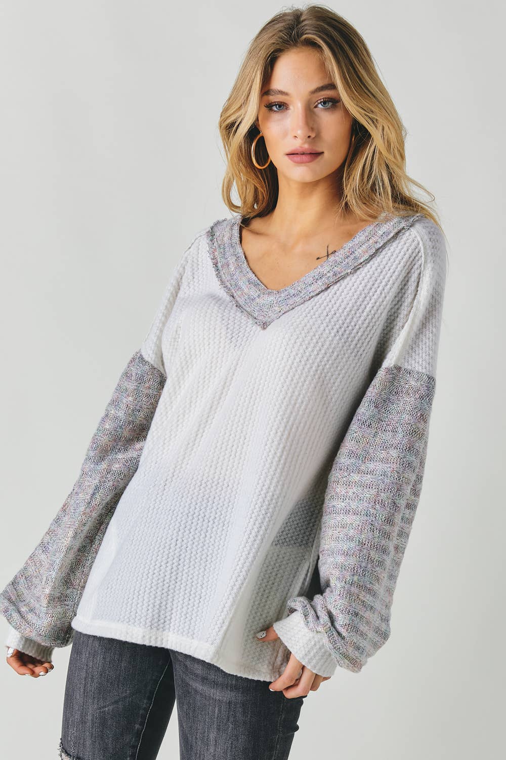 Davi & Dani - Vente Tunique – femme - PLUS LE BLOC DE COULEUR COL EN V HAUT À MANCHES LONGUES2