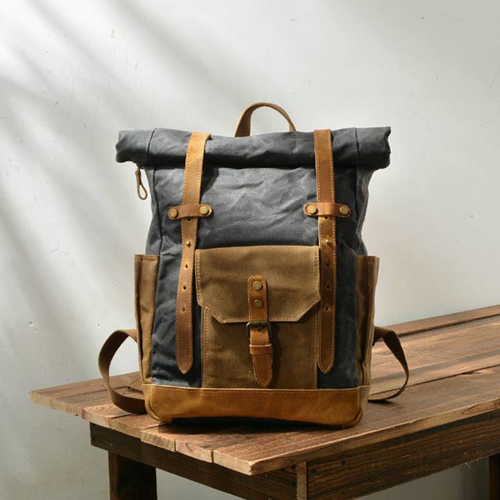 RockCow Leather Studio - Wholesale Backpack - Unisex - Wax Canvas With Full Grain Leather Travel Backpack Waterproof Waxed Canvas Laptop Rucksack Canvas Outdoor Backpack9
