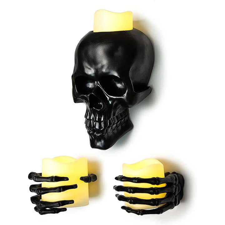 Halloween Flickering Wall Candle, 3 Skeleton Skull and Hand for wholesale by The Wine Savant / Khen Glassware