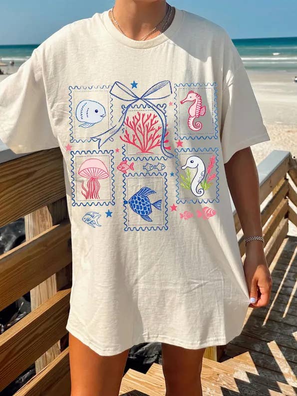 Sea Life Stamps Short Sleeve Tee for wholesale by Front Porch Boutique