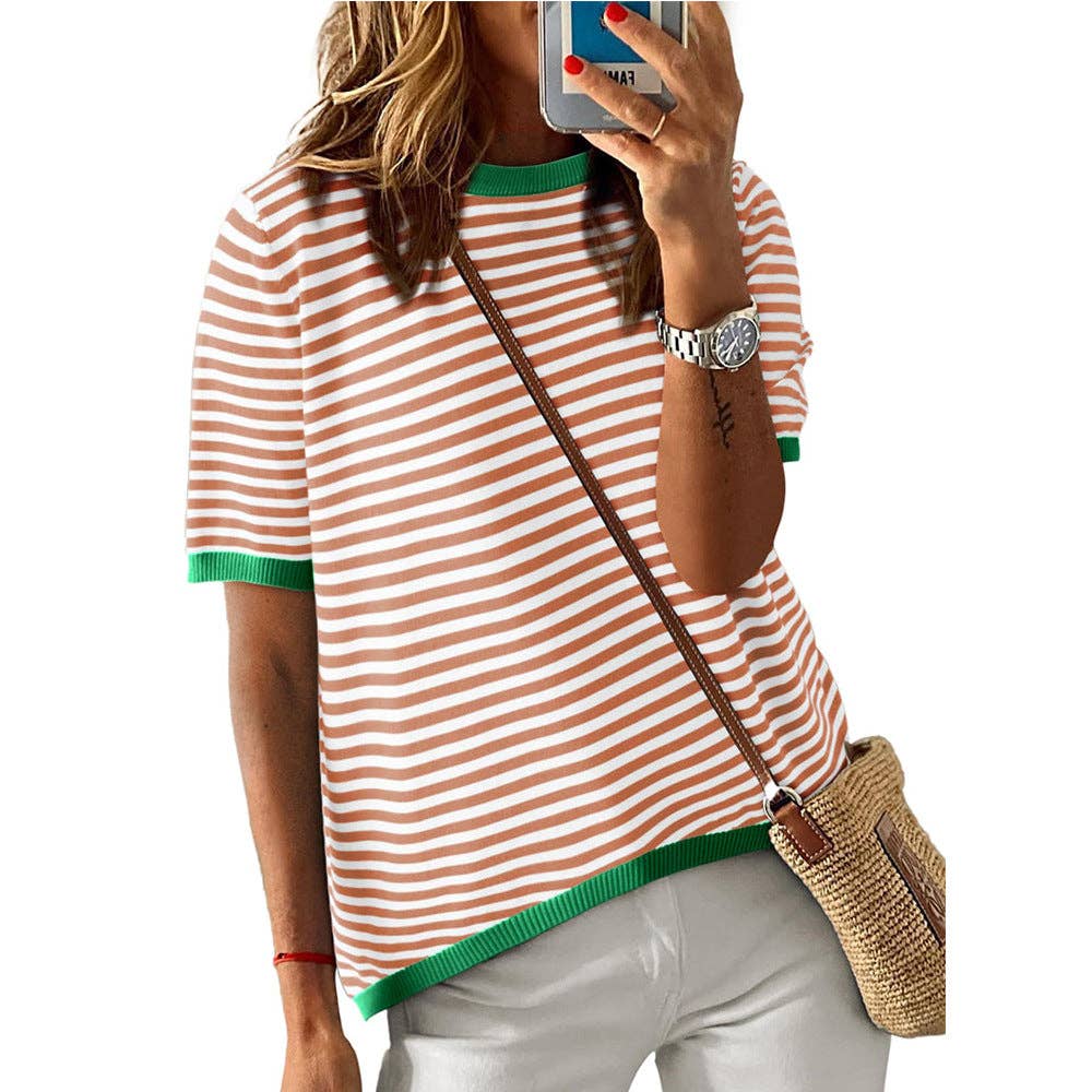 Lovesoft – wholesale Knitted jumper – Women′s – Women's Crew Neck Striped Contrast Short Sleeve Casual Sweater7