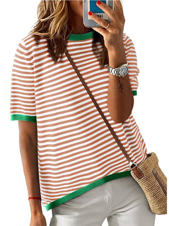 Lovesoft – wholesale Knitted jumper – Women′s – Women's Crew Neck Striped Contrast Short Sleeve Casual Sweater7