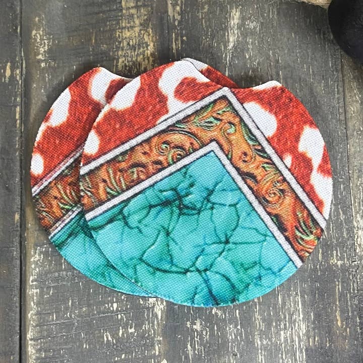 Pink August - Wholesale Car Coaster - Women's - Turquoise Stone & Cow Print Car Coasters 0