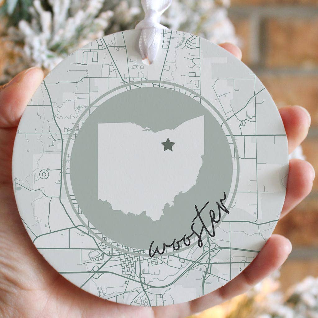 Love Local - Wholesale Ornament - Vintage Groove State Star Map Ohio Wooster6