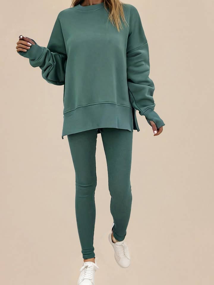 Oversize Slit Sweatshirt and Ribbed Leggings 2pcs Set for wholesale by LA Society