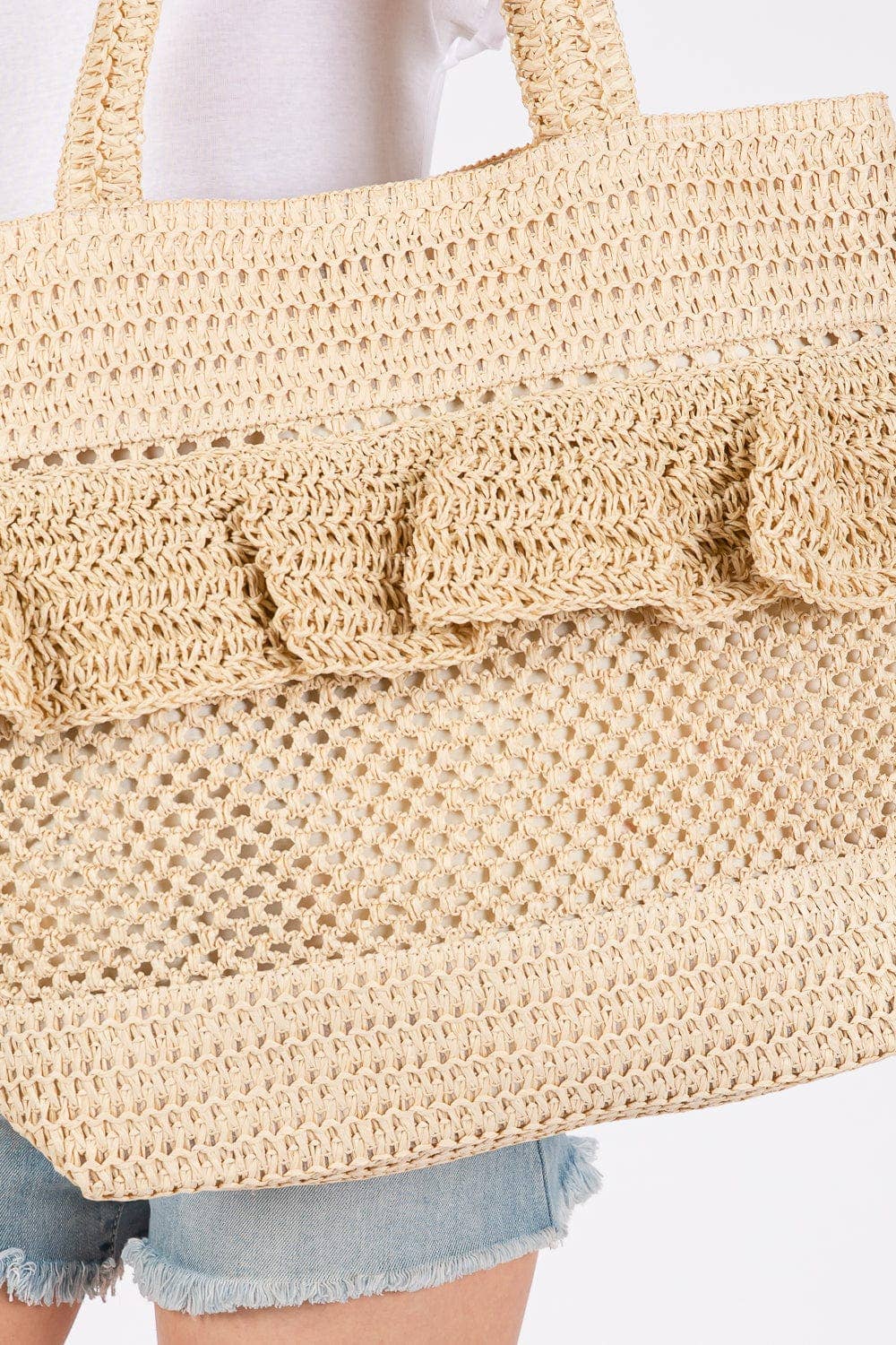 MiMi Wholesale - Wholesale Tote Bag - Women's - MB0272 Ruffle Detail Crochet Straw Tote Bag10