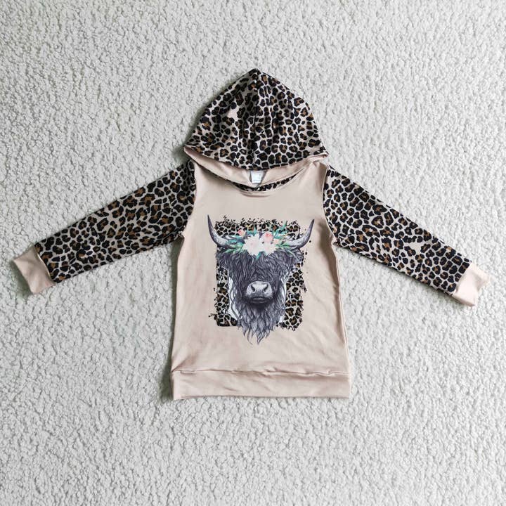 Yawoo Garments - Wholesale Hoodie - Kids - Highland cow leopard long sleeves hoodie girls western shirt1