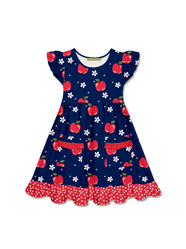 Girls Navy Vintage Apple Patch-Pocket Angel-Sleeve Dress for wholesale on Faire