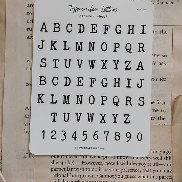 Typewriter Letters Sticker Sheet (uppercase) for wholesale by Savannah Scribbles Shop