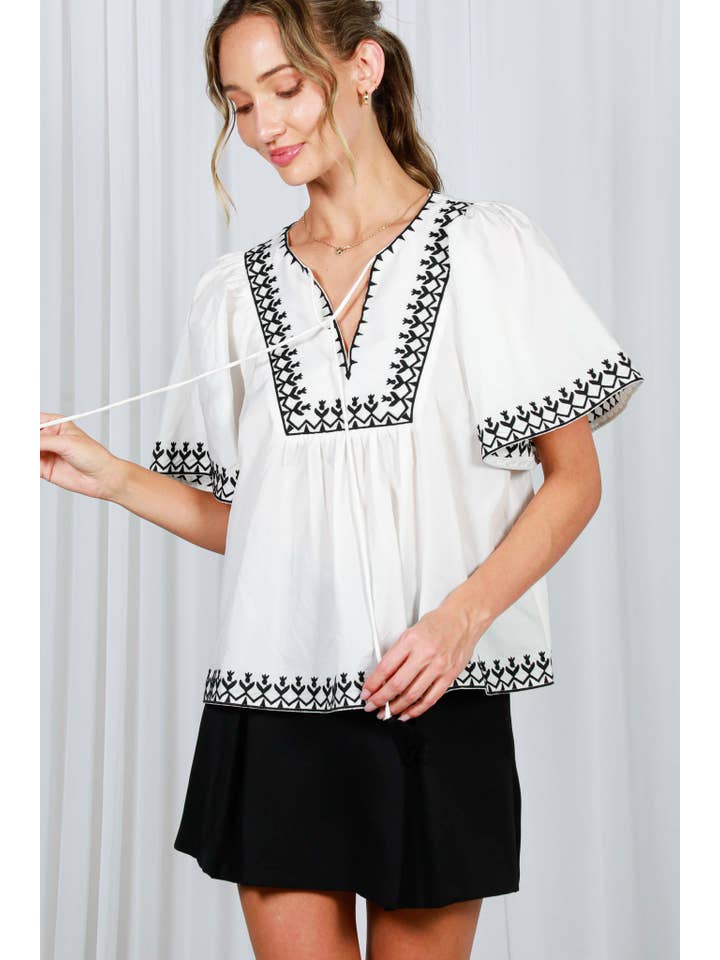 Vine & Love - Wholesale Blouse - Women's - Tie Neck Bohemian-Inspired Embroidered Blouse Top VT82486