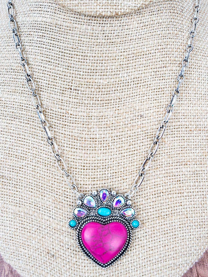 Rogue Risk Pink Heart Silvertone Necklace for wholesale by Wholesale Accessory Market