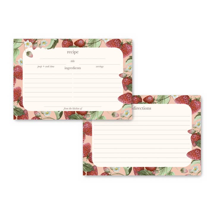 Watercolor Strawberries and Flowers Recipe Cards for wholesale by Corrissa Flesher Art & Designs