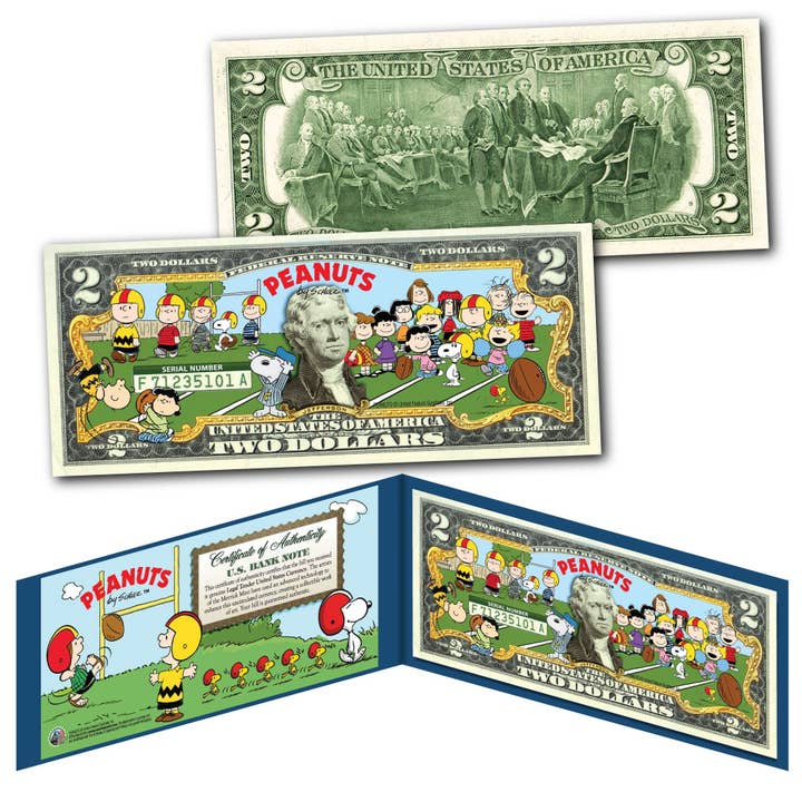 Peanuts * Football * With Charlie Brown And Snoopy And The Whole Gang Colorized Two Dollar Bill Genuine Us Currency for wholesale by The Merrick Mint