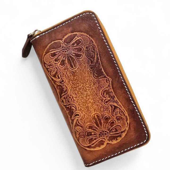 Portefeuille en cuir fait main — motif floral pour la vente par Sunflower Handmade leather inc