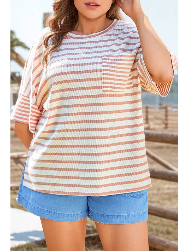 As shown Stripe Waffle Knit Pocket Half Sleeve Plus Size T Shirt for wholesale on Faire