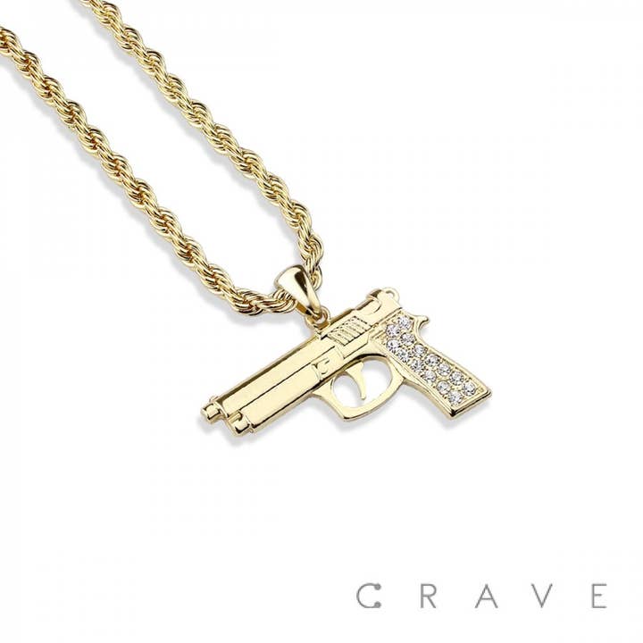 PAVED PISTOL GUN HIP HOP BLING ALLOY PENDANT WITH CHAIN for wholesale by CRAVE