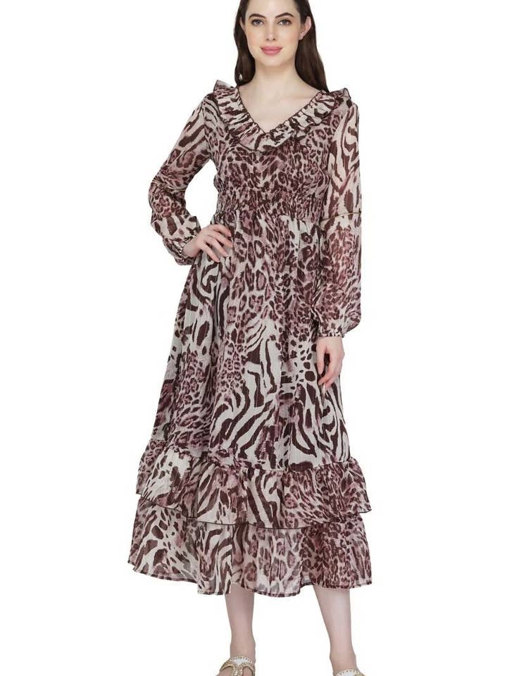 Vestido maxi con volantes con estampado de animales para venta al por mayor de America & Beyond