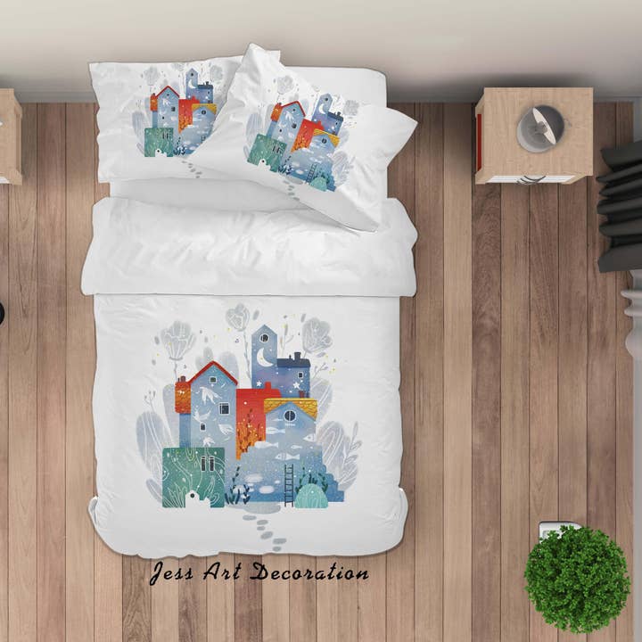 Set copripiumino dipinto casa blu 3D Set biancheria da letto copripiumino federe A506 LQH per la vendita all'ingrosso da parte di Jess Art Decoration