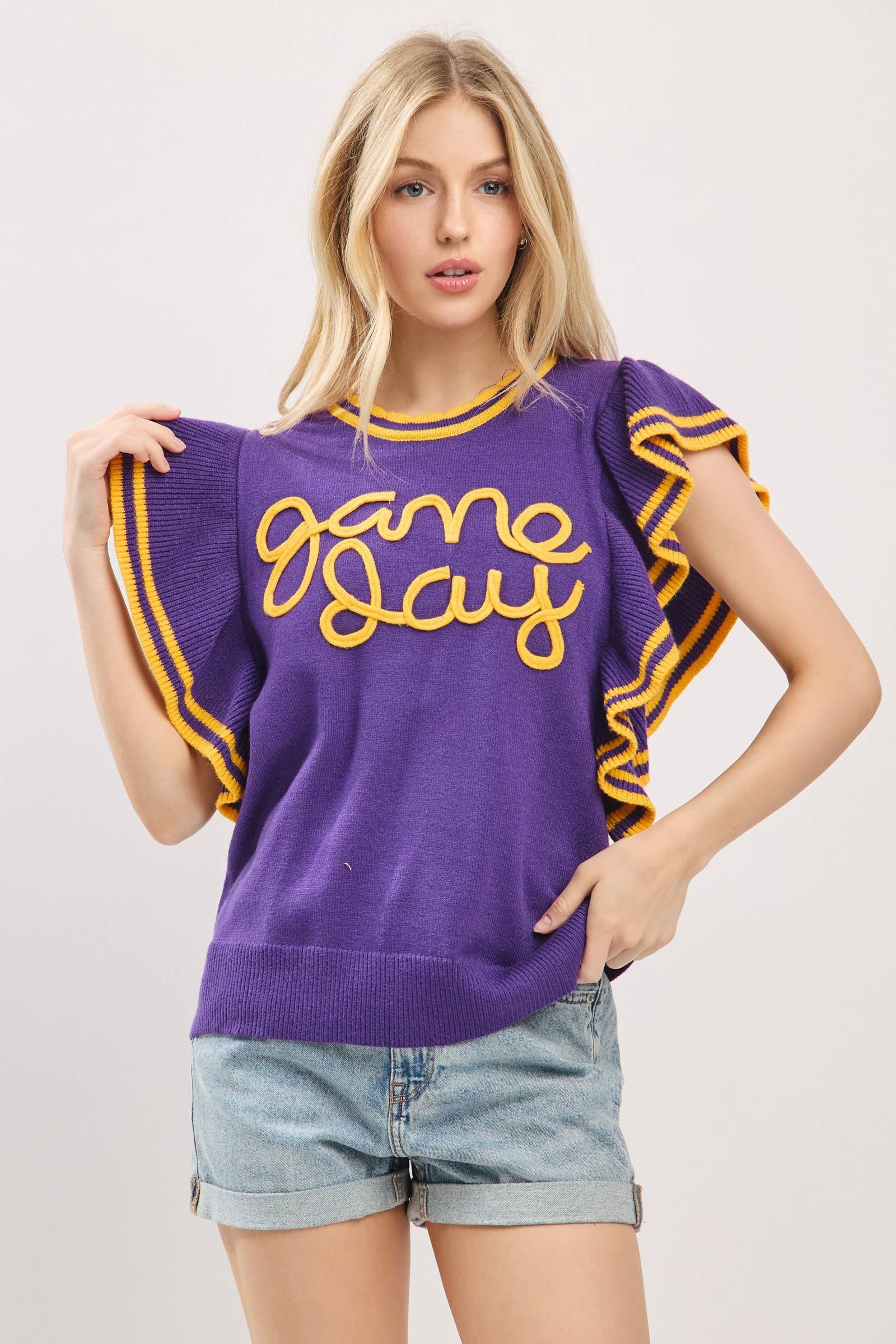 Sewn and Seen - Vente Haut en maille – femme - Haut en maille de jour de match à manches volantées style universitaire35