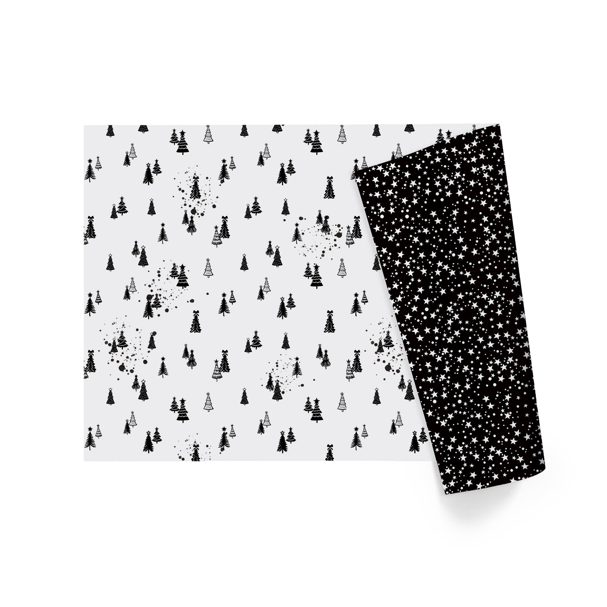 LA Ribbons Wholesale – rolo de papel de embrulho por atacado – Papel de presente reversível para férias 76 cm x 3 m | Árvores de inverno em preto e branco / Estrelas brancas em fundo preto5