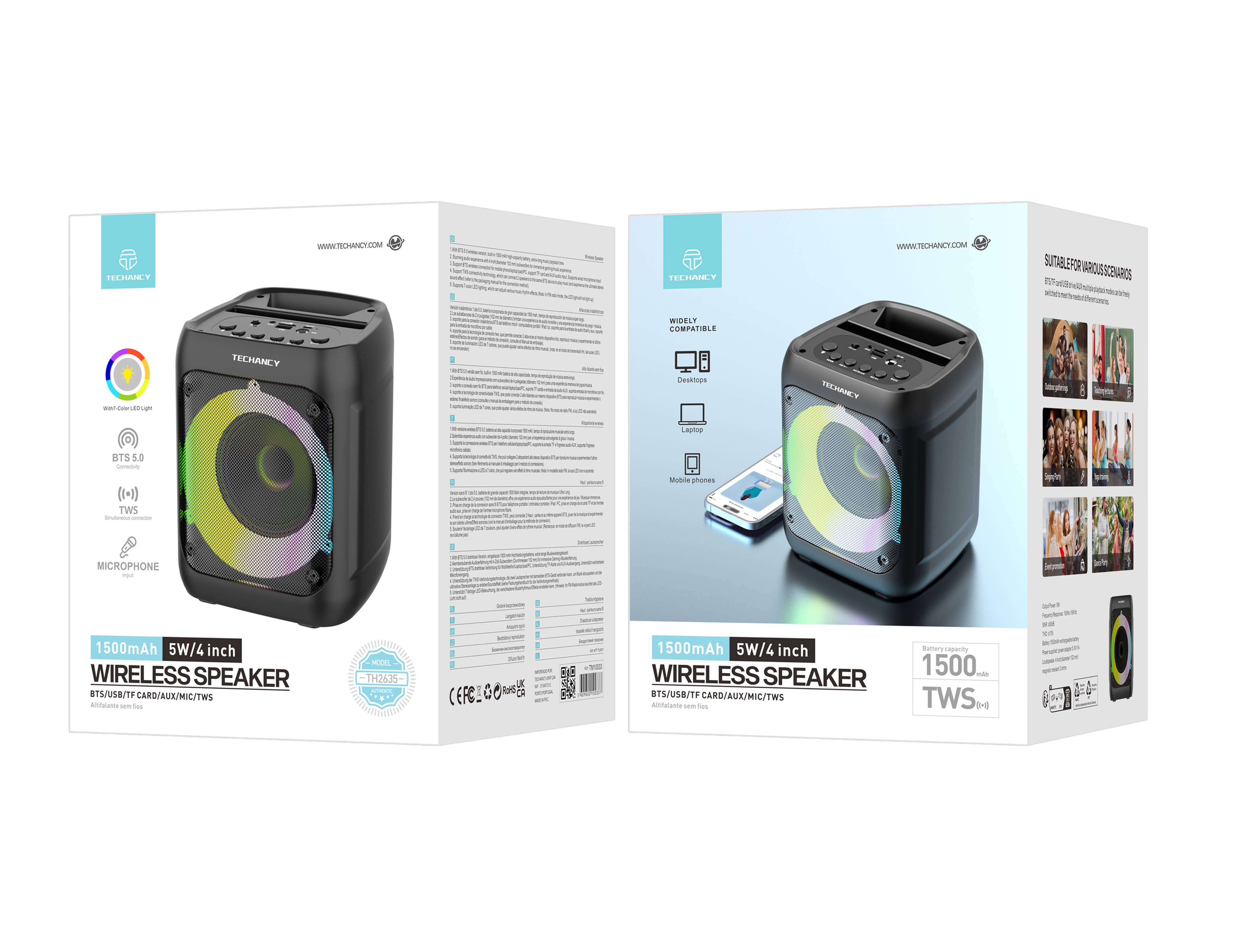 TECHANCY - Wholesale Speakers - Wireless Speaker with 1500mAh Battery, Bluetooth 5.0, 7-Colo3