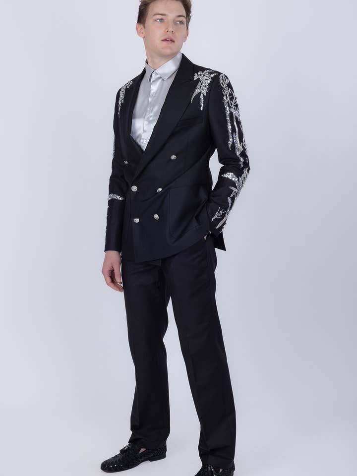 BARABAS - Wholesale Suit Set - Men's - Men's Sequins Double-Breasted Peak Lapel Suit 5SU376