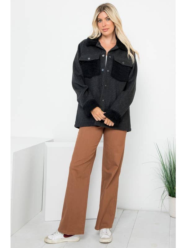 26 International - Wholesale Shirt Jacket/Shacket - Women's - Plus Size Solid 4Pockets Wool Like Shacket ( SALE )