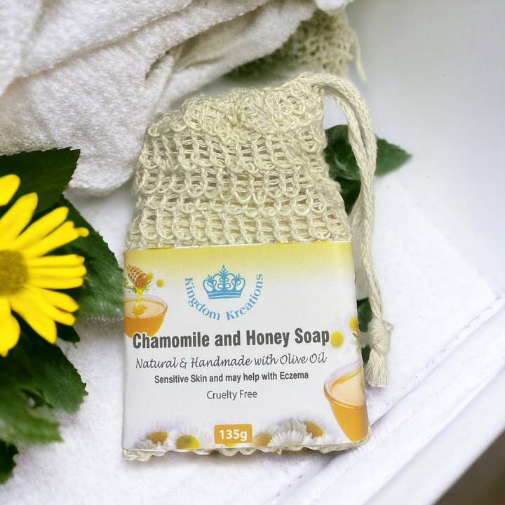 Handmade Olive Soap Chamomile and Honey in a Soap Bag for wholesale by Kingdom Kreations