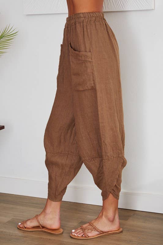 VENTI6 - Vendita all'ingrosso Pantalone - Donna - PANTALONI HAREM IN LINO CON VITA ELASTICA E ORLO CURVO (4468)10