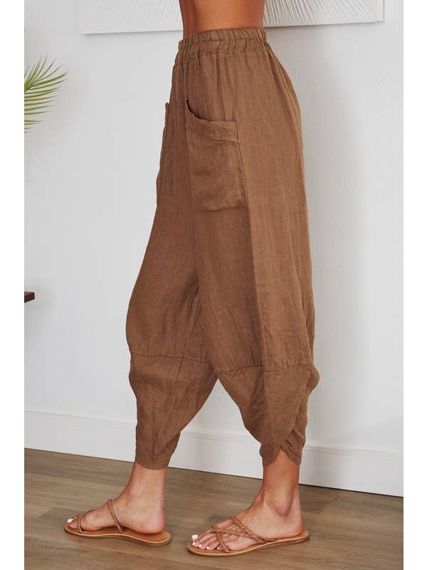 VENTI6 - Wholesale Pants - Women's - ELASTIC WAIST, CURVED HEM LINEN HAREM PANTS (4468)10