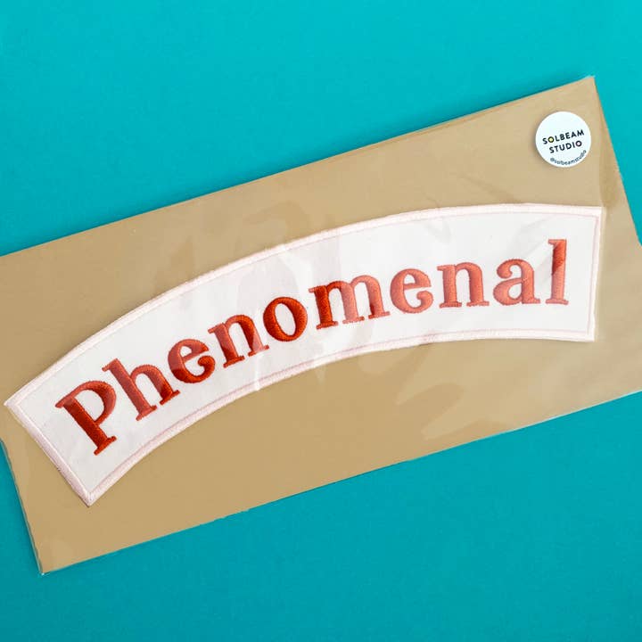 Phenomenal embroidered iron-on patch (pink/coral) for wholesale by Solbeam Studio