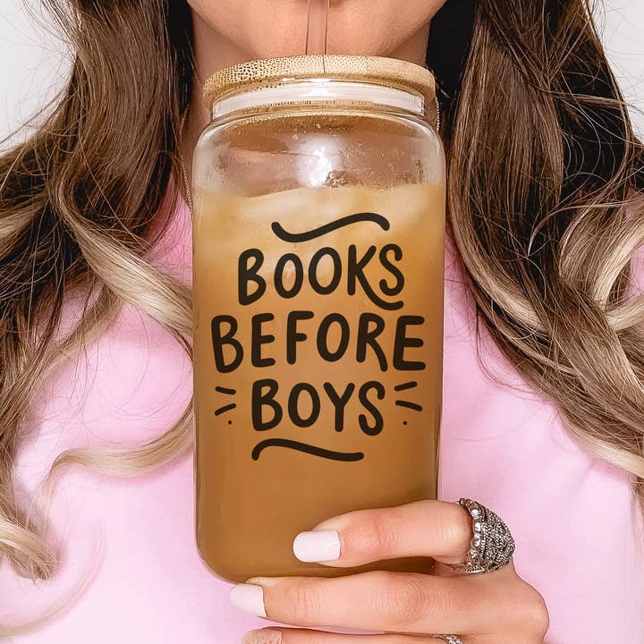 Books Before Boys Clear 16oz Glass Cup for wholesale by The Swoon Room