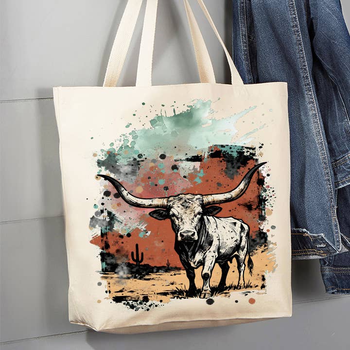 Texas Longhorn Cow Canvas Tote Bag for wholesale by Avery Lane Gifts