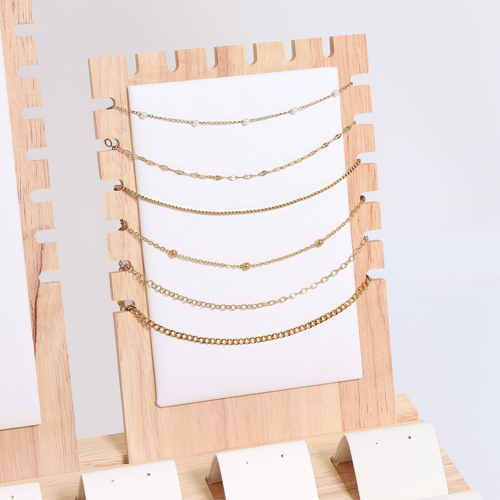 WJW - Vendita all'ingrosso Espositori e vetrine per gioielli - Espositore per collana, anello, orecchini e ciondoli in legno naturale e pelle2