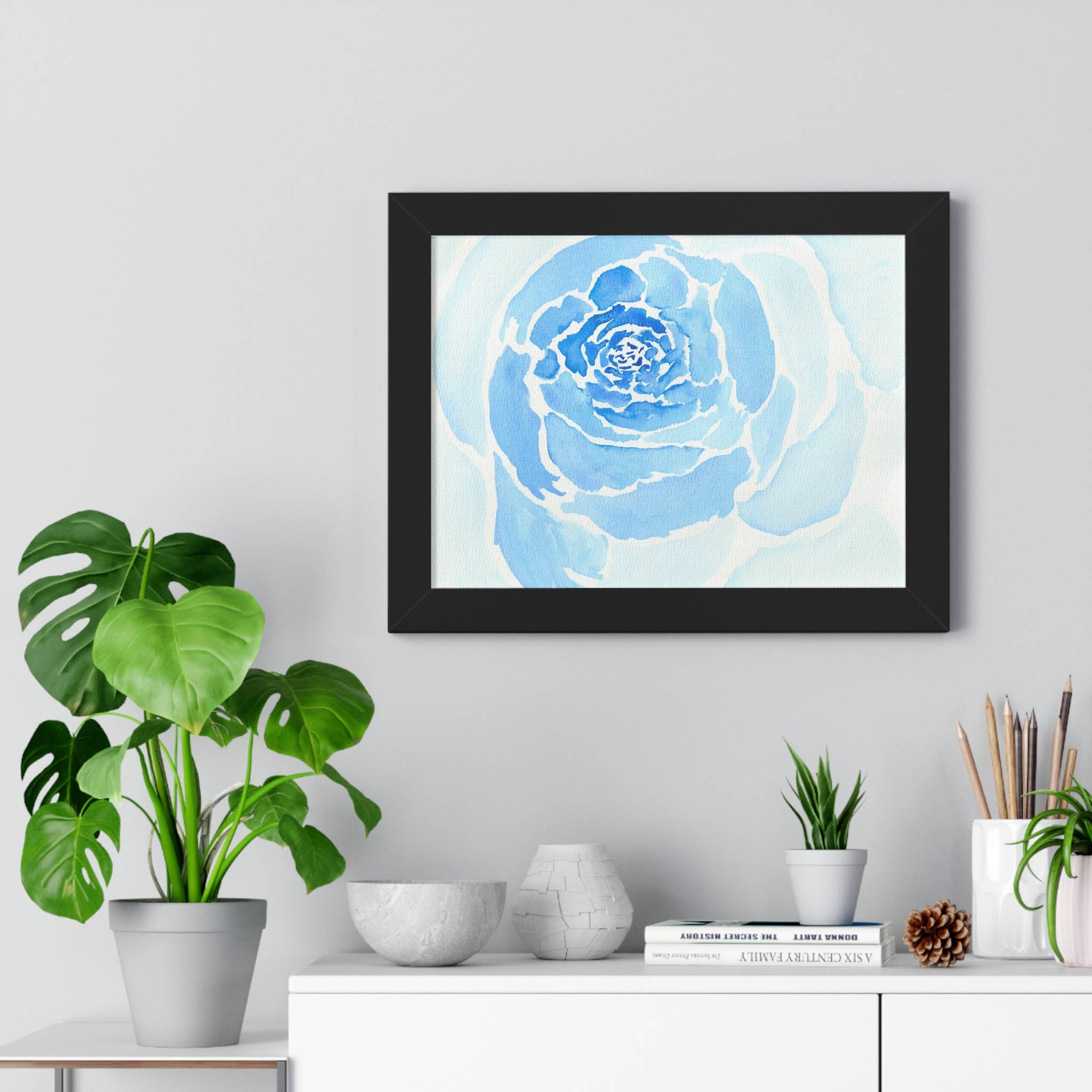 Oceane's Echo – wholesale Art print – Bold Blue Watercolor Rose - Framed Horizontal Poster5