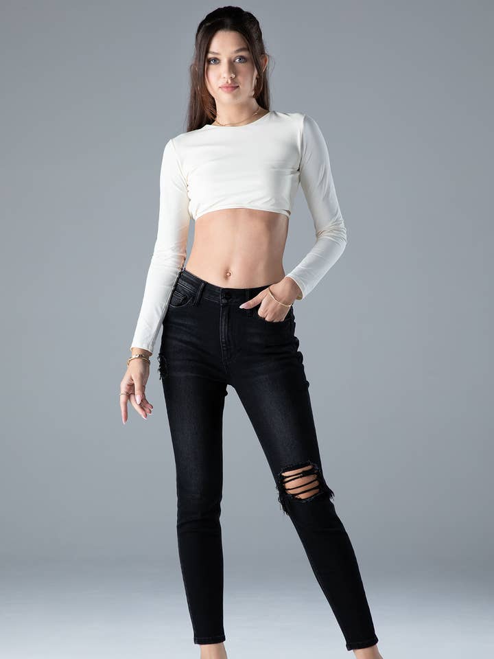 Zwarte High Rise Distress Ankle skinny spijkerbroek voor dames voor wholesale door Ceros Jeans